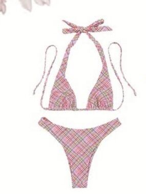 Girls Pink Plaid Halter Bikini Set